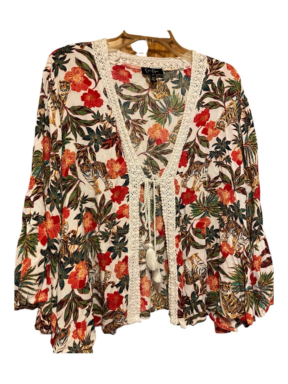 Jessica Simpson Cream Crochet-Trim Floral Tunic with Orange & Green Print - Picture 3 of 12
